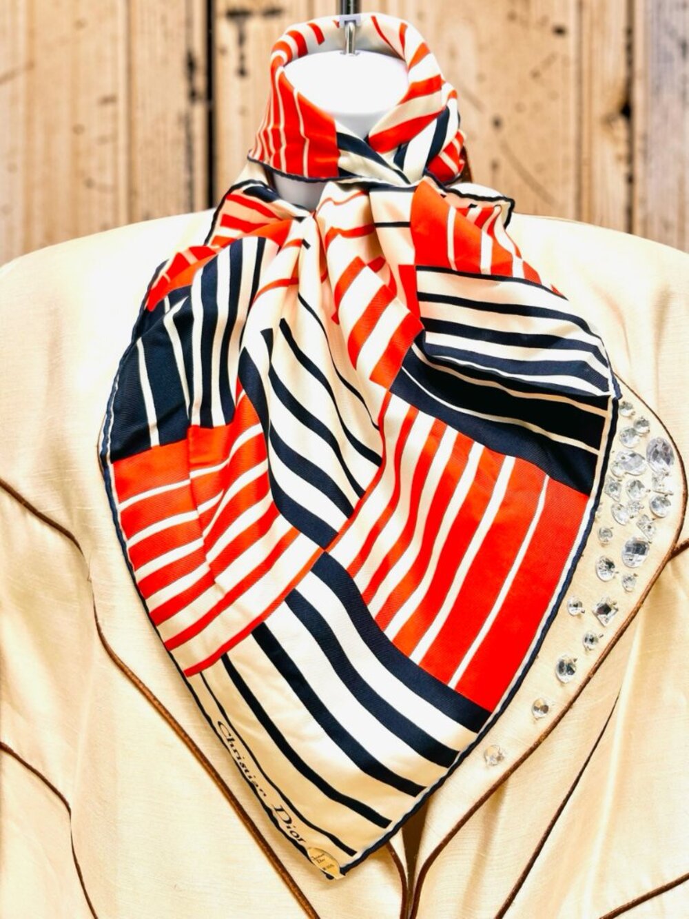 New-Christian Dior silk Satin Neck- keChief 20" white red black red striped (47